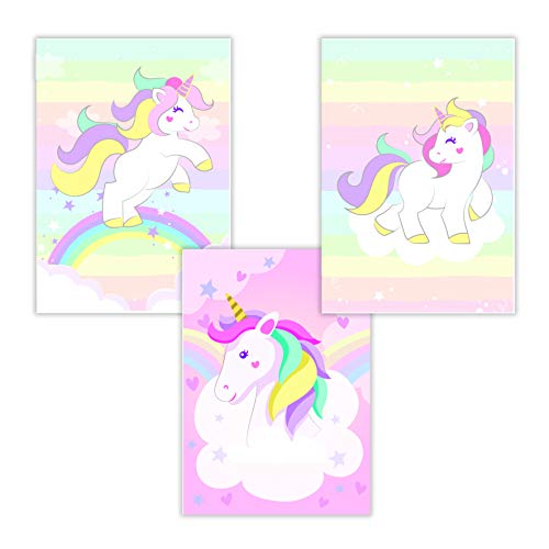 WIETRE® 3er Set Einhorn Bilder Kinderzimmer Babyzimmer Deko | Bild Mädchen Rosa Poster DIN A4 | Unicorn Einhörner Geschenk Tiere Tierposter Girls | Regenbogen Dekoration - ohne Rahmen von WIETRE