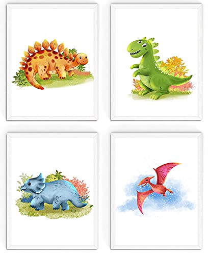 WIETRE® 4er Set Bilder Dinosaurier Kinderzimmer Babyzimmer Deko | Bild Junge Mädchen Poster DIN A4 | Dinos T-Rex Tiere (mit weiße Rahmen) von WIETRE