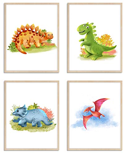 WIETRE® 4er Set Bilder Dinosaurier Kinderzimmer Babyzimmer Deko | Bild Junge Mädchen Poster DIN A4 | Dinos T-Rex Tiere (ohne Rahmen) von WIETRE