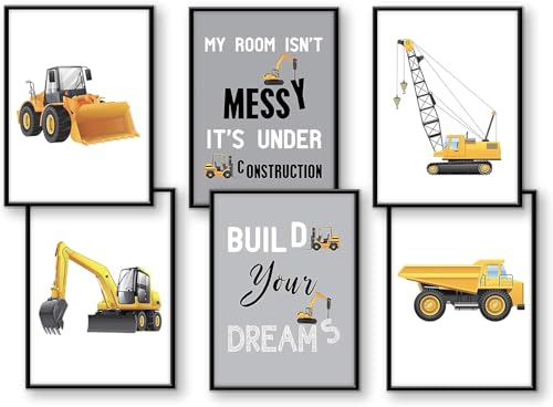 WIETRE® 6er Set Bilder Baufahrzeuge Bagger Kran Kinderzimmer Deko | Bild Junge Babyzimmer Poster DIN A3 XXL | LKW Baustelle Stapler Walze Auto Fahrzeuge Dekoration (ohne Rahmen) von WIETRE