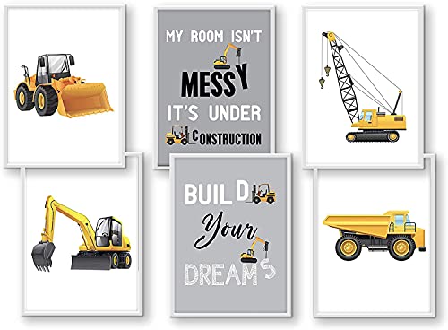 WIETRE® 6er Set Bilder Baufahrzeuge Bagger Kran Kinderzimmer Deko | Bild Junge Babyzimmer Poster DIN A4 | LKW Baustelle Stapler Walze Auto Fahrzeuge Dekoration (mit weißen Rahmen) von WIETRE