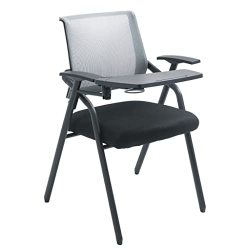 WIGSELBL Stuhl mit Schreibtisch für Erwachsene, zusammenklappbarer Bürostuhl aus Netzstoff, Tablet-Armlehnstuhl mit gepolstertem Sitz, Konferenzraumstühle mit aufklappbarem Schreibtablett (grau) von WIGSELBL