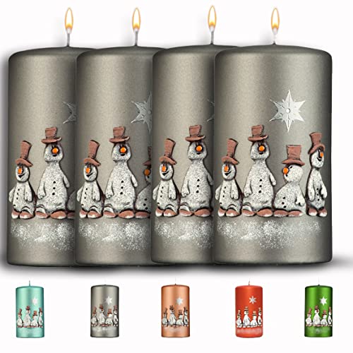 WIKAKERZEN Weihnachtskerze für Adventskranz – 4 Set 13x7cm - Schneemänner - Stumpenkerze aus hochwertigem Paraffinwachs mit Baumwolldocht - Adventskerze RAL zertifiziert (Grau) von WIKAKERZEN