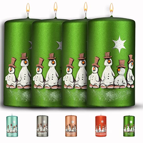 WIKAKERZEN Weihnachtskerze für Adventskranz – 4 Set 13x7cm - Schneemänner - Stumpenkerze aus hochwertigem Paraffinwachs mit Baumwolldocht - Adventskerze RAL zertifiziert (Grün) von WIKAKERZEN