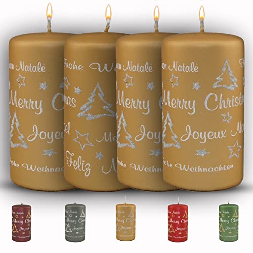 WIKAKERZEN Weihnachtskerze für Adventskranz - 4er Set 13x7cm -Merry Christmas - Glitzer Stumpenkerze aus hochwertigem Paraffinwachs mit Baumwolldocht - Adventskerze RAL zertifiziert (Caramel) von WIKAKERZEN