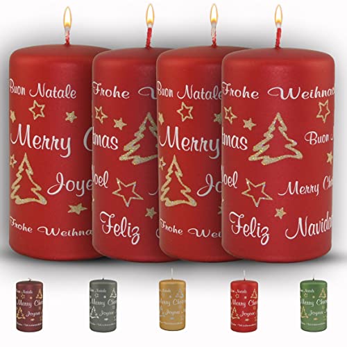 WIKAKERZEN bezaubernde Weihnachtskerze für Adventskranz - 4er Set 13x7cm - Merry Christmas - Glitzer Stumpenkerze aus hochwertigem Paraffinwachs mit Baumwolldocht - Adventskerze RAL zertifiziert (Rot) von WIKAKERZEN