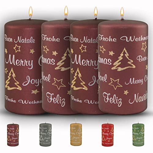 WikaKerzen Weihnachtskerze für Adventskranz - 4er Set 13x7cm - Merry Christmas - Glitzer Stumpenkerze aus hochwertigem Paraffinwachs mit Baumwolldocht - Adventskerze RAL zertifiziert (Burgunda) von WIKAKERZEN