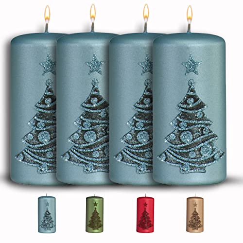 WikaKerzen bezaubernde Weihnachtskerze für Adventskranz - 4 Set 12x6cm - Weihnachtsbaum - Glitzer Stumpenkerze aus hochwertigem Paraffinwachs mit Baumwolldocht - Adventskerze (Stahlblau) von WIKAKERZEN