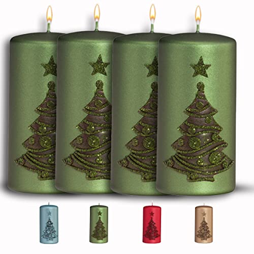 WikaKerzen bezaubernde Weihnachtskerze für Adventskranz - 4 Set 12x6cm - Weihnachtsbaum - Glitzer Stumpenkerze aus hochwertigem Paraffinwachs mit Baumwolldocht - Adventskerze RAL zertifiziert (Grün) von WIKAKERZEN