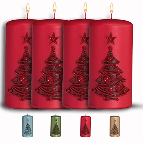 WikaKerzen bezaubernde Weihnachtskerze für Adventskranz - 4 Set 12x6cm - Weihnachtsbaum - Glitzer Stumpenkerze aus hochwertigem Paraffinwachs mit Baumwolldocht - Adventskerze RAL zertifiziert (Rot) von WIKAKERZEN