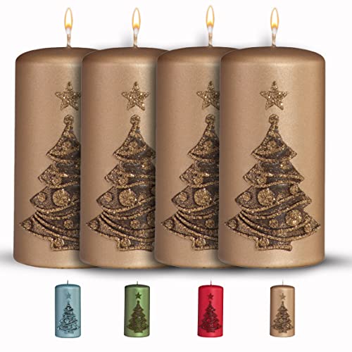 WikaKerzen bezaubernde Weihnachtskerze für Adventskranz - 4 Set 12x6cm - Weihnachtsbaum - Glitzer Stumpenkerze aus hochwertigem Paraffinwachs mit Baumwolldocht - Adventskerze RAL zertifiziert (Sand) von WIKAKERZEN