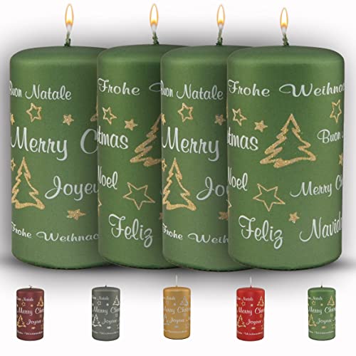 WikaKerzen bezaubernde Weihnachtskerze für Adventskranz - 4er Set 13x7cm - Merry Christmas -Glitzer Stumpenkerze aus hochwertigem Paraffinwachs mit Baumwolldocht - Adventskerze RAL zertifiziert (Grün) von WIKAKERZEN