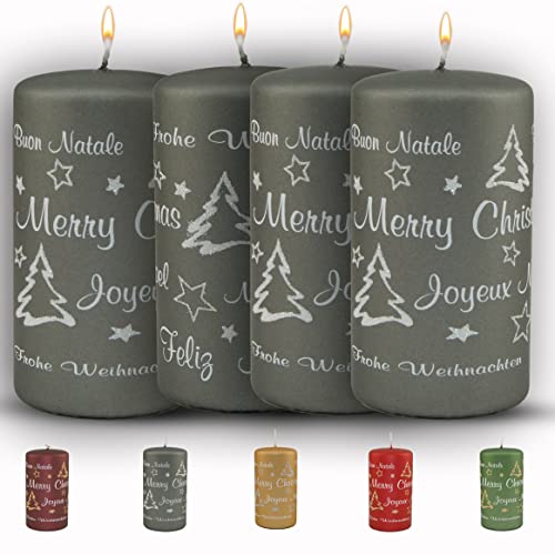 WikaKerzen bezaubernde Weihnachtskerze für Adventskranz - 4er Set13x7cm - Merry Christmas - Glitzer Stumpenkerze aus hochwertigem Paraffinwachs mit Baumwolldocht - Adventskerze RAL zertifiziert (Grau) von WIKAKERZEN