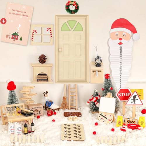 75Pcs Wichtel Zubehör Weihnachten Wichteltür Briefe Komplettset, Elfentür Beleuchtet Miniatur Wichtel Baustelle Kamin Staffelei Backset, Wichtelhaus Feentür Zum öffnen adventskalender von WILDPARTY