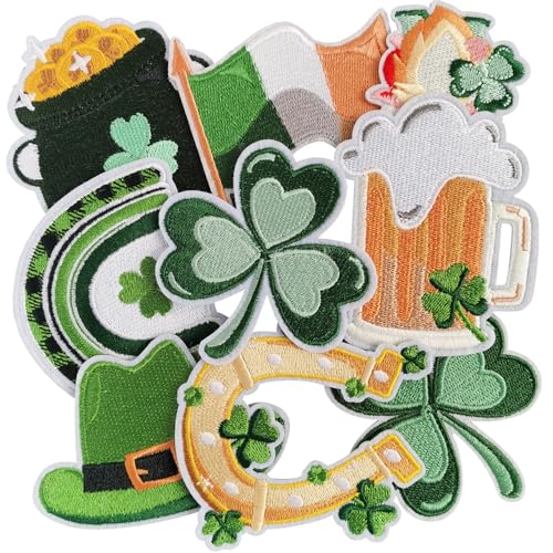 WILDREEDS 9 Stück verschiedene Stile St. Patrick's Day Bügelbilder Irisches Kleeblatt Glückskleeblatt bestickt Patch für Kleidung, T-Shirt, Rucksäcke, Hüte, Jeans, Jacken von WILDREEDS