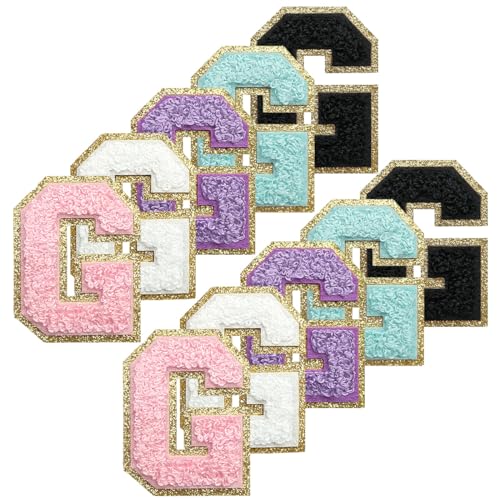 WILDREEDS Selbstklebende Chenille-Buchstaben-Patches mit goldenem Glitzer-Bordüre, zum Aufbügeln, bestickte Chenille-Stickerei für Kleidung, G (weiß, schwarz, rosa, lila, blau), 10 Stück von WILDREEDS