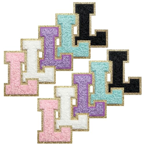 WILDREEDS Selbstklebende Chenille-Buchstaben-Patches mit goldenem Glitzer-Bordüre, zum Aufbügeln, bestickte Chenille-Stickerei für Kleidung, Größe L (weiß, schwarz, rosa, lila, blau), 10 Stück von WILDREEDS