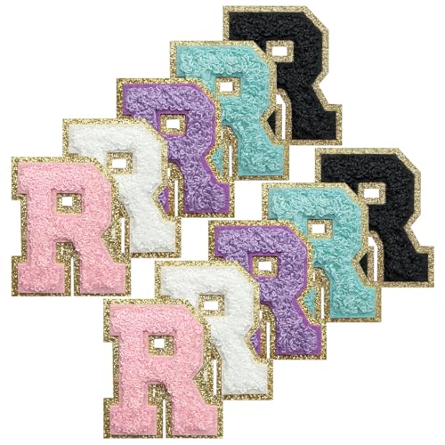 WILDREEDS Selbstklebende Chenille-Buchstaben-Patches mit goldenem Glitzer-Bordüre, zum Aufbügeln, Chenille-Stickerei-Aufnäher für Kleidung, Buchstabe R (weiß, schwarz, rosa, lila, blau), 10 Stück von WILDREEDS