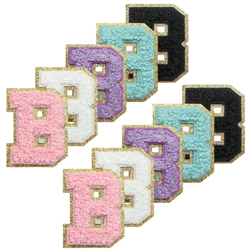 WILDREEDS Selbstklebende Chenille-Buchstaben-Patches mit goldenem Glitzer-Bordüre, zum Aufbügeln auf Buchstaben, Chenille, bestickter Aufnäher für Kleidung, Buchstabe B (weiß, schwarz, rosa, lila, von WILDREEDS