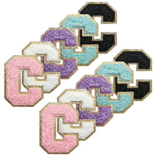 WILDREEDS Selbstklebende Chenille-Buchstaben-Patches mit goldenem Glitzer-Bordüre, zum Aufbügeln auf Buchstaben, Chenille, bestickter Aufnäher für Kleidung, Buchstabe C (weiß, schwarz, rosa, lila, von WILDREEDS