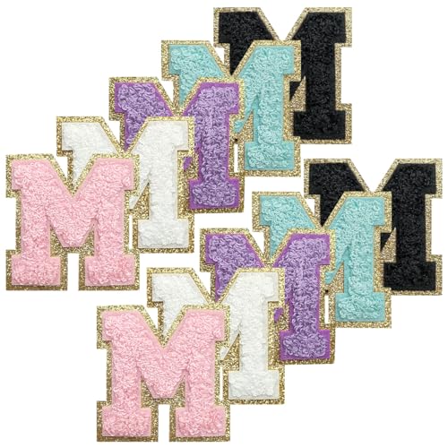 WILDREEDS Selbstklebende Chenille-Buchstaben-Patches mit goldenem Glitzer-Bordüre, zum Aufbügeln auf Buchstaben, Chenille, bestickter Aufnäher für Kleidung, Buchstabe M (weiß, schwarz, rosa, lila, von WILDREEDS