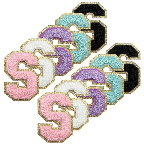 WILDREEDS Selbstklebende Chenille-Buchstaben-Patches mit goldenem Glitzer-Bordüre, zum Aufbügeln auf Buchstaben, Chenille, bestickter Aufnäher für Kleidung, Buchstabe S (weiß, schwarz, rosa, lila, von WILDREEDS