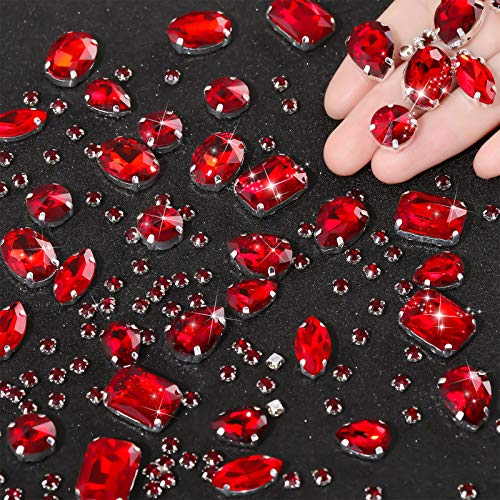 156 Stück Strasssteine zum Aufnähen Klaue Flache Rückseite Strasssteine Glitzersteine Metall Krappenfassung Acryl Glas Nähen Edelsteine für Kleidung DIY Handwerk Schmuckherstellung (Rot) von WILLBOND