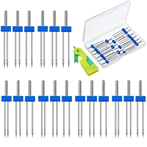 18 Stück Nähmaschinen Zwilling Nadeln Doppelte Zwilling Nadeln Stifte Zwilling Strecken Nadeln mit Kunststoffbox, Automatischer Nadeleinfädler, 3 Gemischte Größen 2,0/90, 3,0/90, 4,0/90 von WILLBOND