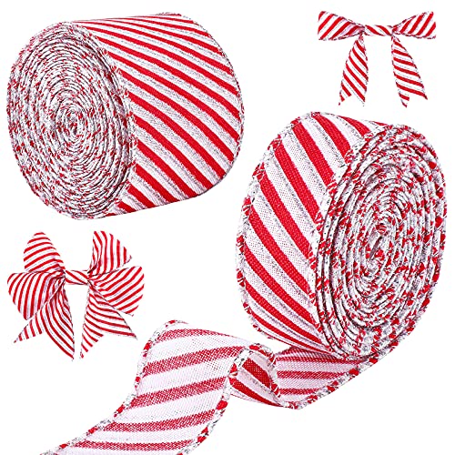 2 Rollen Weihnachten Verdrahtet Kante Band Rot und Weiß Streifen Band DIY Geschenkband with Silber Draht Verpackung Weihnachtsbaum Band Kranz Schleifen Trimm Stoffband (2,5 Zoll, 1 Zoll) von WILLBOND