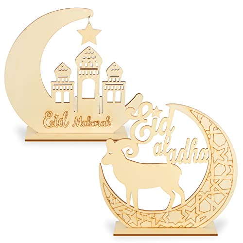 2 Sets Eid Mubarak Holz Ornament Ramadan Muslimische Hänge Tischschild Tischdekoration Mond Stern Hänge Anhänger für Ramadan Mubarak Eid Dekoration (Frisch Stil) von WILLBOND