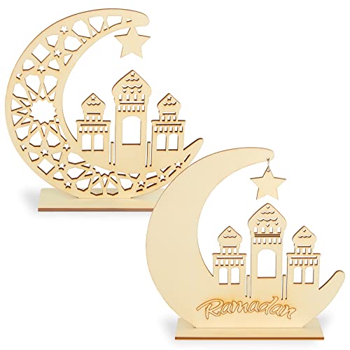 2 Sets Eid Mubarak Holz Ornament Ramadan Muslimische Hänge Tischschild Tischdekoration Mond Stern Hänge Anhänger für Ramadan Mubarak Eid Dekoration (Schön Stil) von WILLBOND