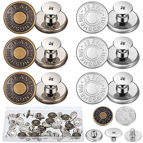 30 Sets 17 mm Ersatz Jean Knöpfe No-Sew Metall Knöpfe mit Aufbewahrungsbox Abnehmbare Hosen Knopf Reparatur Druckknöpfe Knöpfe für Cowboy Kleidung Jeans Jacken Hosen Taschen (Bronze, Silber) von WILLBOND