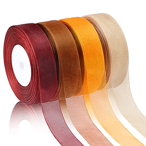 4 Rollen 200 Meter transparentes Chiffonband Herbst Herbst Band, reine Farbe, Stoffband, Polyester-Geschenkband, transparentes Organza-Band für Thanksgiving, Verpackungen, Party-Dekor (2.5 cm breit) von WILLBOND