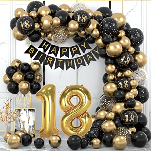 18 Geburtstag Dekorationen für Jungen Mädchen, Schwarz Gold 18 Geburtstag Luftballons Party Dekorationen mit 18 Happy Birthday Banner, Happy Birthday Girlande Luftballons Schwarz Gold Dekor für 18 von WINAROI