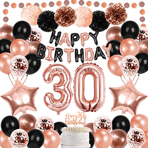 30 Geburtstag Deko Frauen, Rosegold Schwarz Deko Set Luftballon 30. Geburtstag, Deko 30 Happy Birthday Banner, Konfetti luftballon Mädchen Frauen Geburtstag Deko 30 Geburtstag Party Deko Supplies von WINAROI