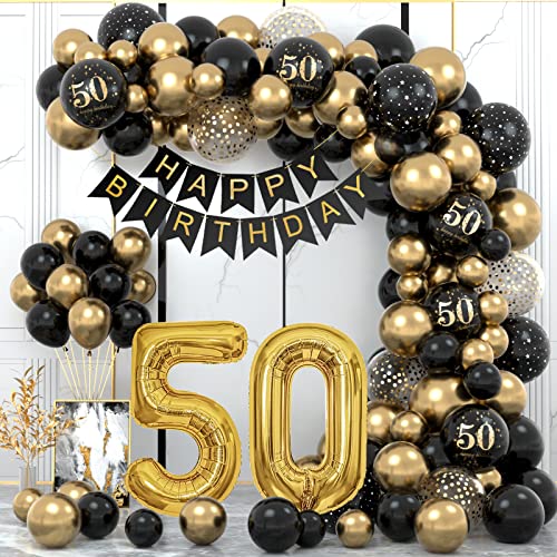 50. Geburtstag Dekorationen für Männer Frauen, Schwarz Gold 50. Geburtstag Luftballons Party Dekorationen mit 50. Happy Birthday Banner, Happy Birthday Girlande Luftballons Schwarz Gold Dekor für 50. von WINAROI