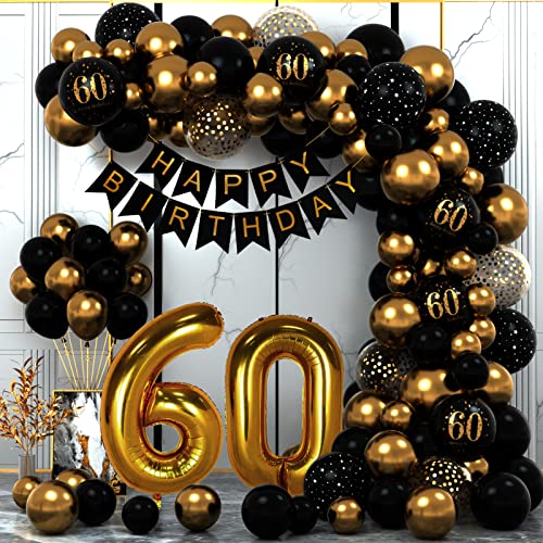 60. Geburtstag Dekorationen für Männer Frauen, Schwarz Gold 60. Geburtstag Luftballons Party Dekorationen mit 60. Happy Birthday Banner, Happy Birthday Girlande Luftballons Schwarz Gold Dekor für 60. von WINAROI