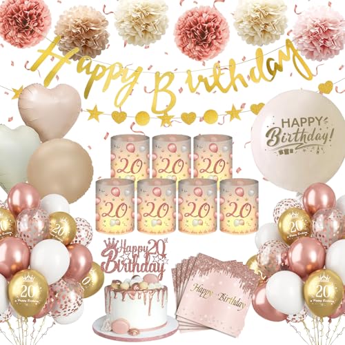 Deko 20 Geburtstag Mädchen,WINAROI 20. Rose Gold Luftballons Deko mit Windlicht Tischdeko, Happy Birthday Banner,Servietten, Pompons Für 20. Geburtstag Mädchen deko von WINAROI