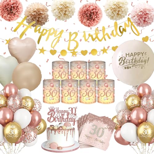 Deko 30 Geburtstag Frau,WINAROI 30 Rose Gold Luftballons Deko mit Windlicht Tischdeko, Happy Birthday Banner, Servietten, Pompons Für 30 Geburtstag Frauen Deko von WINAROI