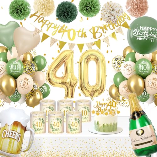 Deko 40 Geburtstag Frau,WINAROI 40 Geburtstag Frauen Grüne Gold Geburtstag mit Windlicht Tischdeko, Happy Birthday Banner,Tischtuch, Pompons Für 40 Geburtstag Frauen Deko von WINAROI