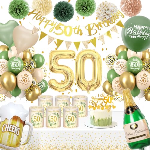 Deko 50 Geburtstag Frau,WINAROI 50 Geburtstag Frauen Grüne Gold Geburtstag mit Windlicht Tischdeko, Happy Birthday Banner,Tischtuch, Pompons Für 50 Geburtstag Frauen Deko von WINAROI