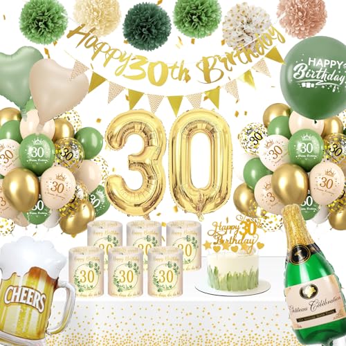 Deko 30 Geburtstag Frau,WINAROI 30 Geburtstag Frauen Grüne Gold Geburtstag mit Windlicht Tischdeko, Happy Birthday Banner,Tischtuch, Pompons Für 30 Geburtstag Frauen Deko von WINAROI