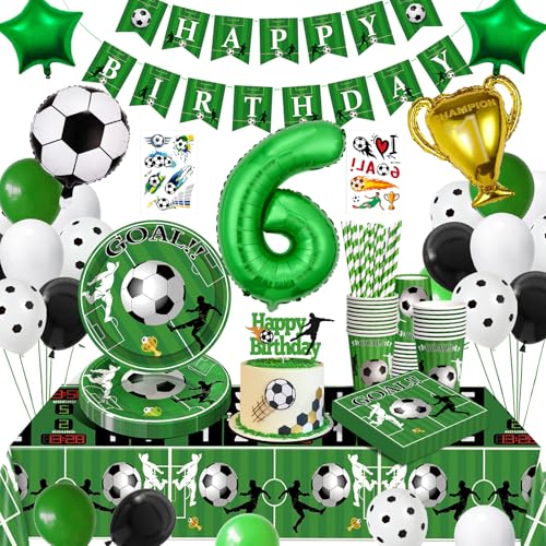 WINAROI Fussball Deko Geburtstag 6 Jahre Kinder,Fußball Geburtstag Partygeschirr Set,Fußball Deko Geburtstagsdeko 6 Jungen,Fußball Luftballons Pappteller Tischdecke für Party Kindergeburtstag von WINAROI