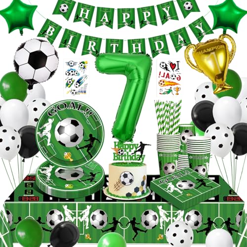 WINAROI Fussball Deko Geburtstag 7 Jahre Kinder,Fußball Geburtstag Partygeschirr Set,Fußball Deko Geburtstagsdeko 7 Jungen,Fußball Luftballons Pappteller Tischdecke für Party Kindergeburtstag von WINAROI