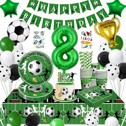 WINAROI Fussball Deko Geburtstag 8 Jahre Kinder,Fußball Geburtstag Partygeschirr Set,Fußball Deko Geburtstagsdeko 8 Jungen,Fußball Luftballons Pappteller Tischdecke für Party Kindergeburtstag von WINAROI