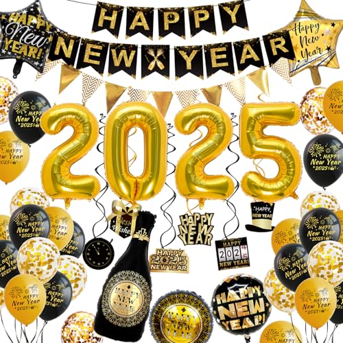 WINAROI Happy New Year Dekoration 2025 Ballon, Schwarz Gold Happy New Year Banner 2025 Luftballons,Neujahr Deko 2025,Silvester Deko Schwarz Gold Ballon mit Silvester Banner, Neujahr Silvesterdeko Set von WINAROI