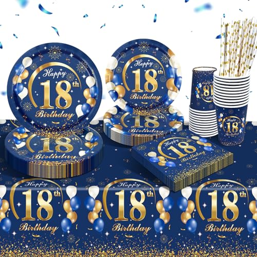 WINFLUENCE 18. Geburtstag Partygeschirr Set, Blau Einwegteller 7 Zoll Servietten Kunststoff Tischdecke, Partygeschirr Set für Jungen Mädchen 18 Geburtstag Deko von WINFLUENCE