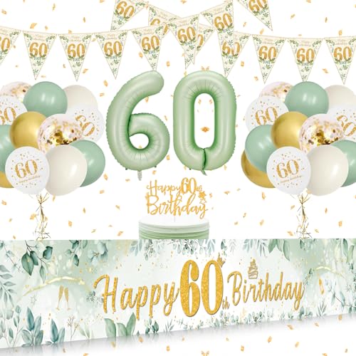 60 Geburtstag Deko, 60 Geburtstag Frauen Männer Dekorationen Banner, Luftballons Grün Gold Konfetti 60. Geburtstag Deko, Deko 60 Geburtstag Lange Größe Happy 60th Birthday Banner Hintergrund 274×37cm von WINFLUENCE