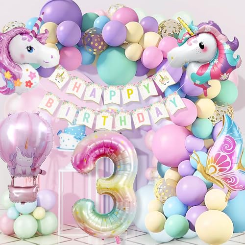 WINFLUENCE Einhorn Geburtstagsdeko Mädchen, 3 Jahre Einhorn Deko Kindergeburtstag, Einhorn Luftballons Geburtstag, Schmetterling Folienballon Kindergeburtstag 3. Geburtstag Mädchen Deko von WINFLUENCE