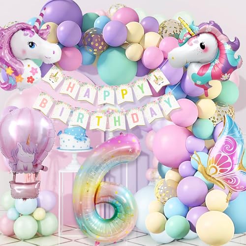 WINFLUENCE Einhorn Geburtstagsdeko Mädchen, 6 Jahre Einhorn Deko Kindergeburtstag, Einhorn Luftballons Geburtstag, Schmetterling Folienballon Kindergeburtstag 6. Geburtstag Mädchen Deko von WINFLUENCE